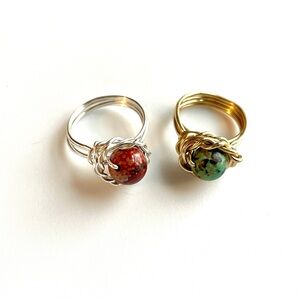 Two Silver Plated and 18k Gold Plated Jasper and Turquoise Stone Wire Wrap Rings